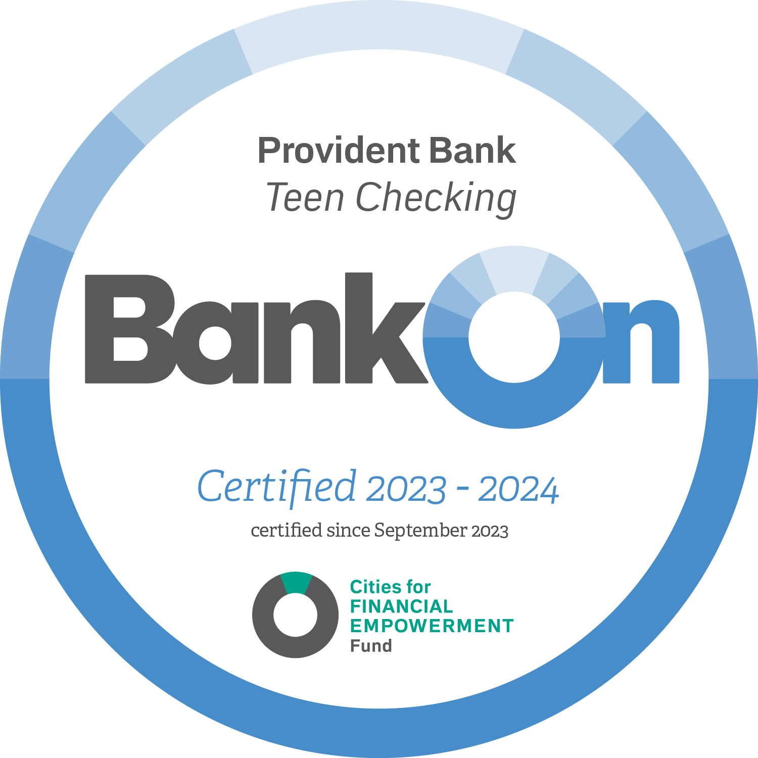Image reads: Provident Bank eVantage. BankOn National Account Standards 2021 to 2022 Approved. Certified since November 2020. Cities for FINANCIAL EMPOWERMENT Fund.